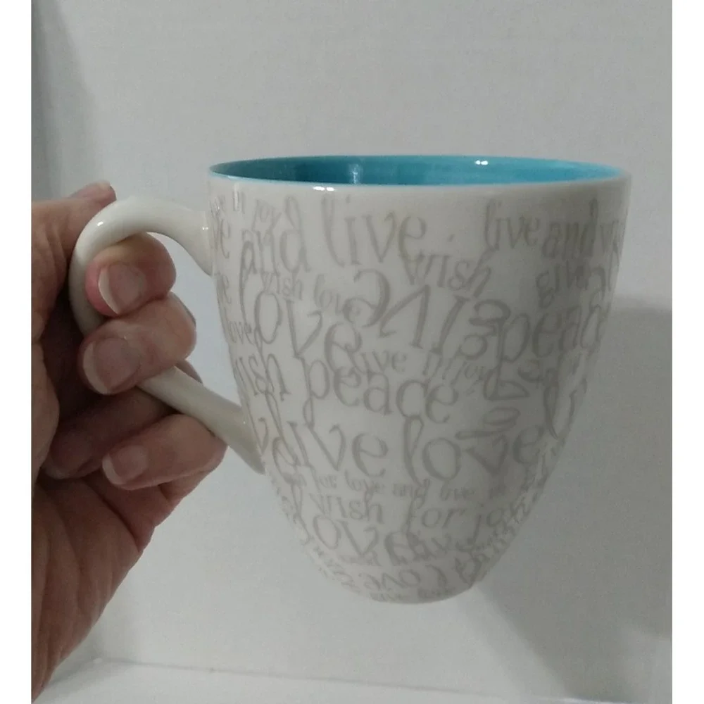 Starbucks 2005 Christmas Wish Holiday white teal gray Peace Live Love Coffee Mug